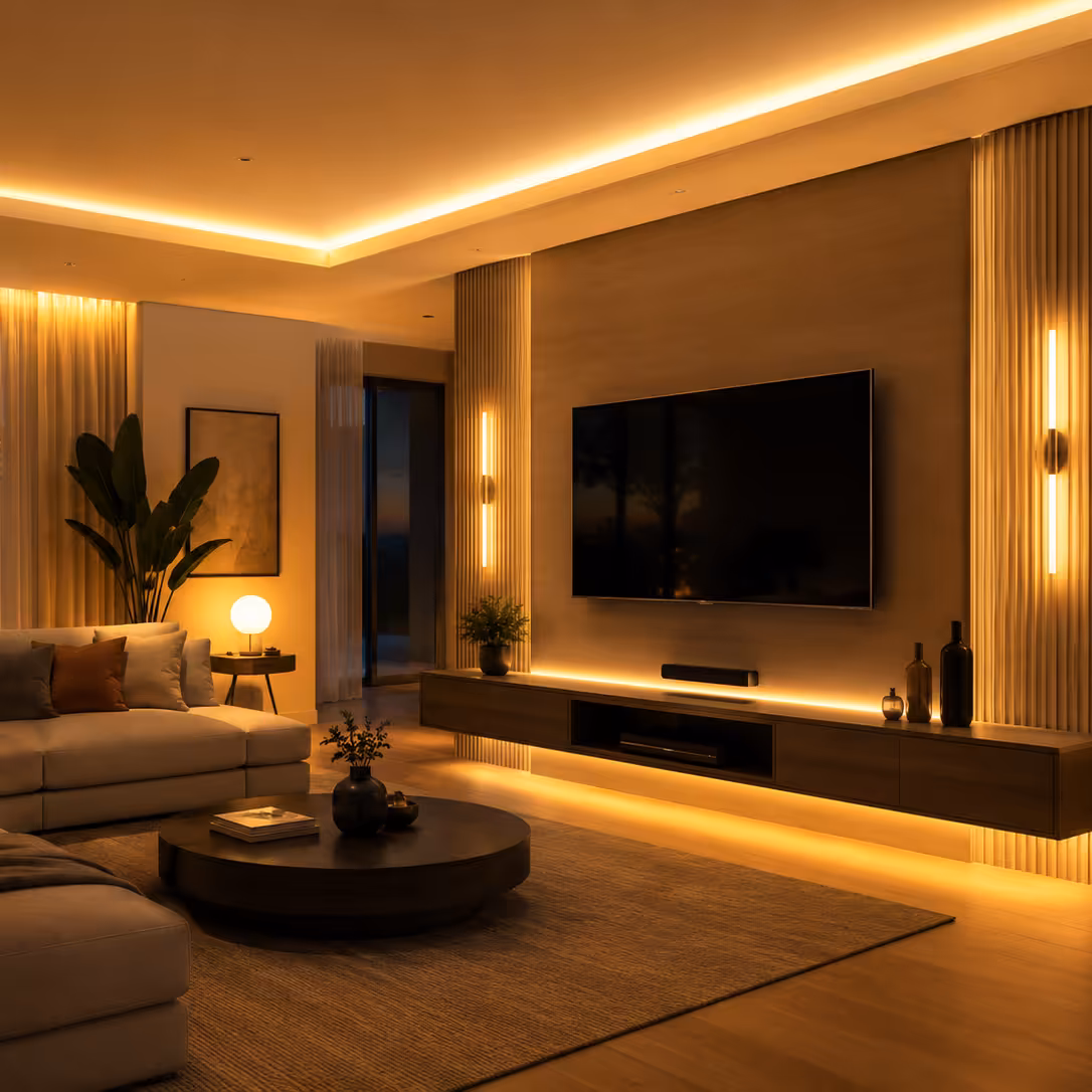 Modern living room with automated ambient lighting, wall-mounted television and warm orange illumination.