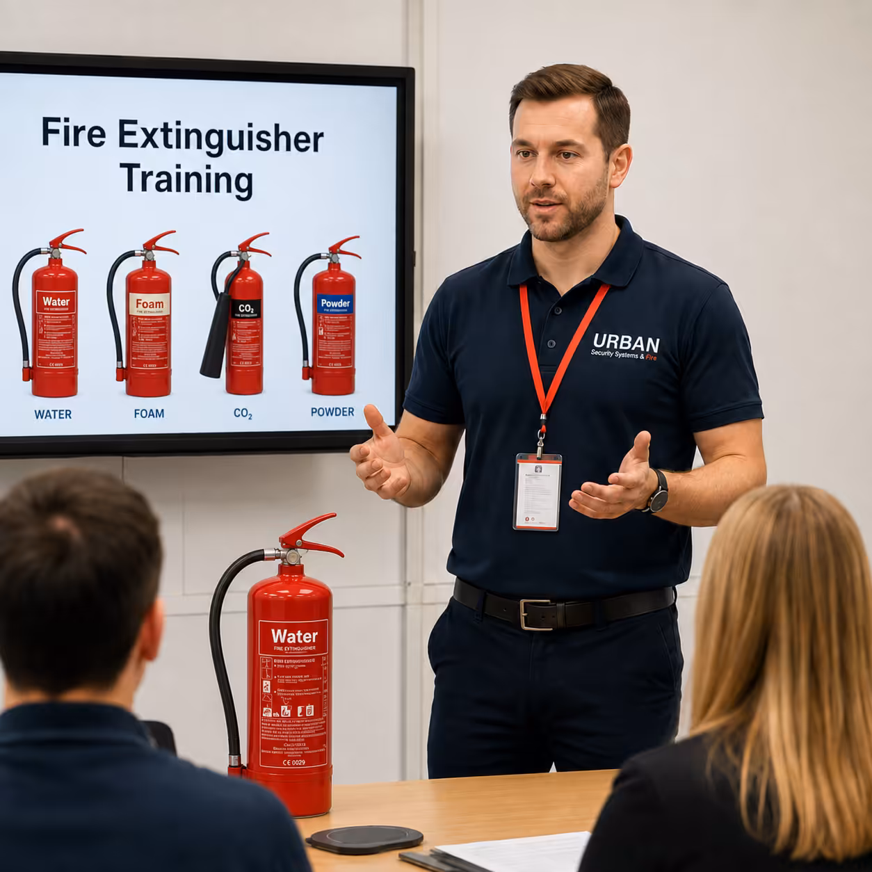 Urban Security Systems and Fire trainer giving a fire extinguisher training session to two staff members, with labelled extinguisher types shown on a screen and a water extinguisher on the table.