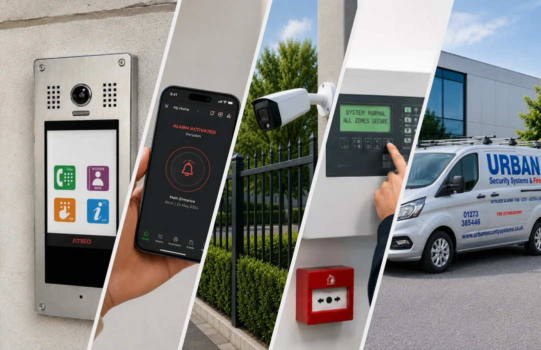 Security systems montage showing an access control panel, mobile alarm app, perimeter CCTV camera, fire alarm controls and an Urban Security Systems and Fire van.
